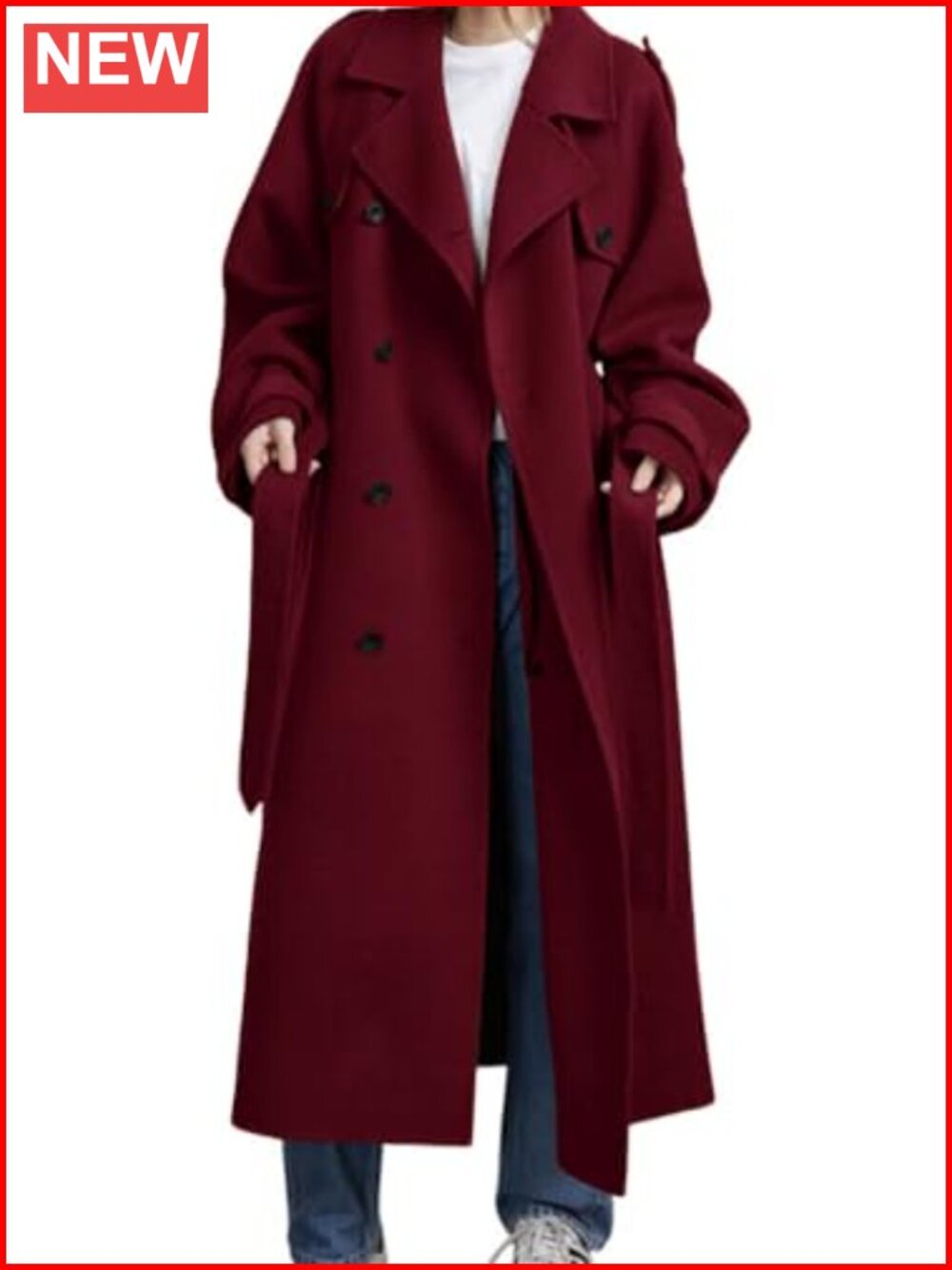 Women's Double Breasted Wool Blend Midi Trench Coat with Belt